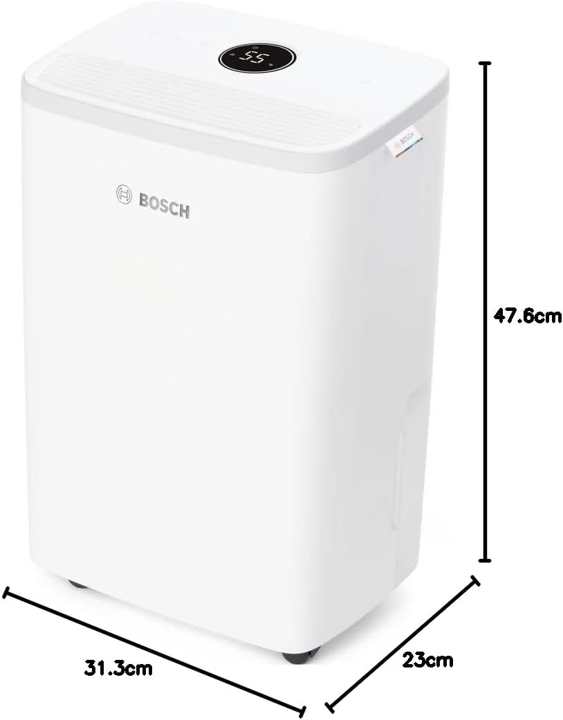 Bosch Dry 2000 Luftentfeuchter 12L/Tag – 35dB, 2,5L Tank, Auto/Nacht/Wäsche, 24m², Weiß/Grau
