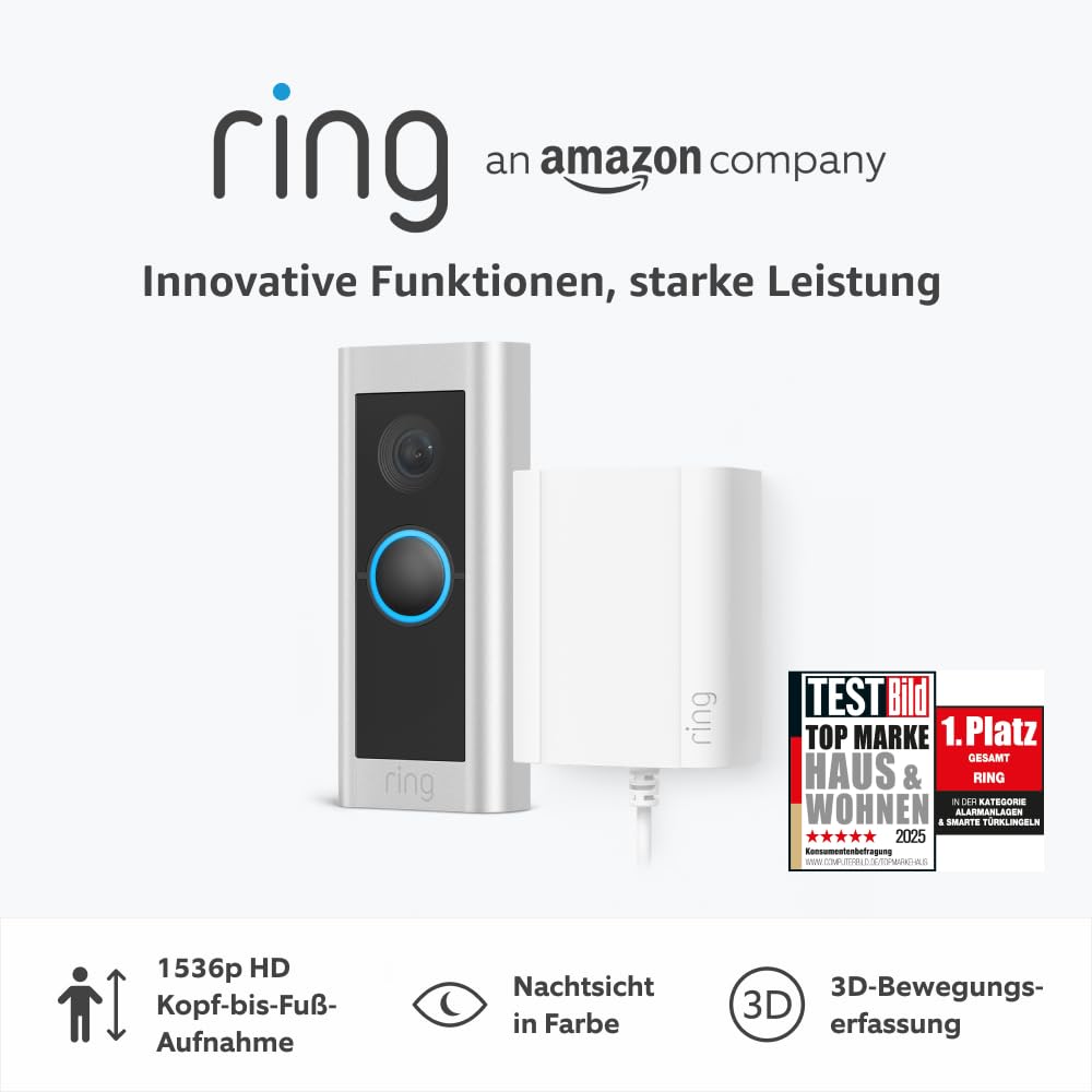 Ring Video Doorbell Pro 2 Videotürklingel, 1536p HD, 3D-Bewegungserkennung, Farb-Nachtsicht, WLAN