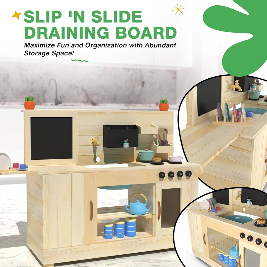 Big Game Hunters Triple Mud Kitchen – Wooden Outdoor Kids Play Kitchen with Sink