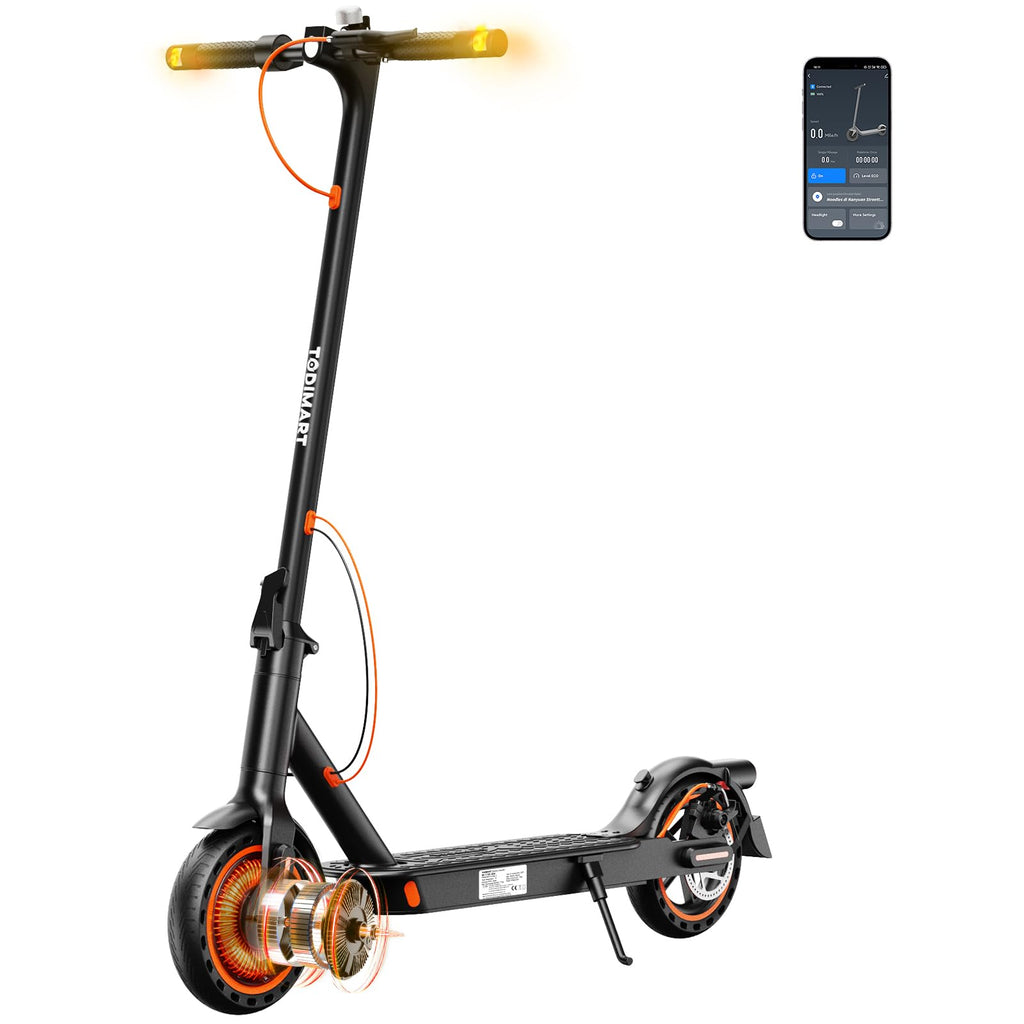 TODIMART T3 E-Scooter mit ABE, bis zu 30 km Reichweite, 8,5 Zoll Vollgummireifen, Bluetooth-App, Dual-Bremssystem, faltbar, IPX5, Schwarz/Orange**