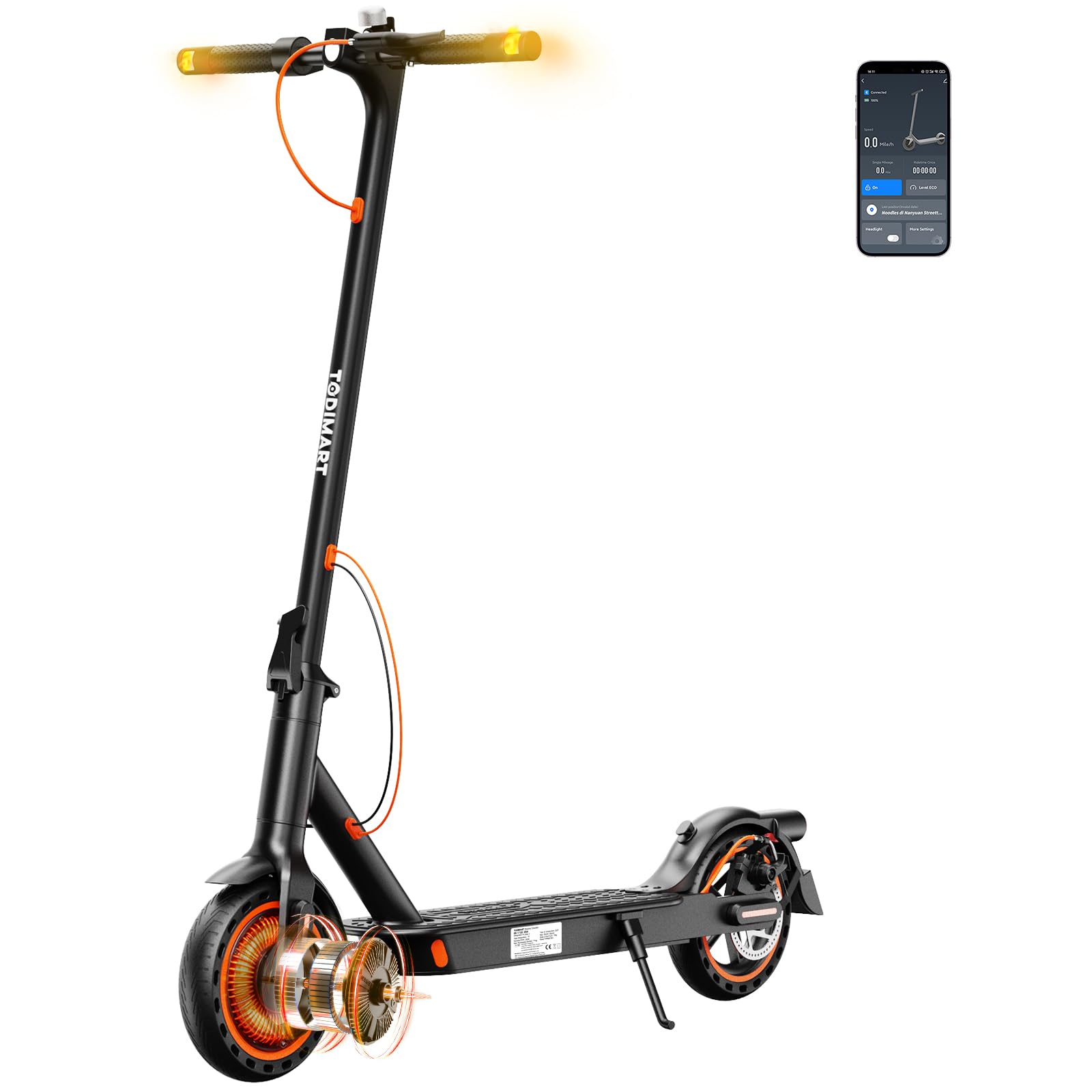 TODIMART T3 E-Scooter mit ABE, bis zu 30 km Reichweite, 8,5 Zoll Vollgummireifen, Bluetooth-App, Dual-Bremssystem, faltbar, IPX5, Schwarz/Orange**