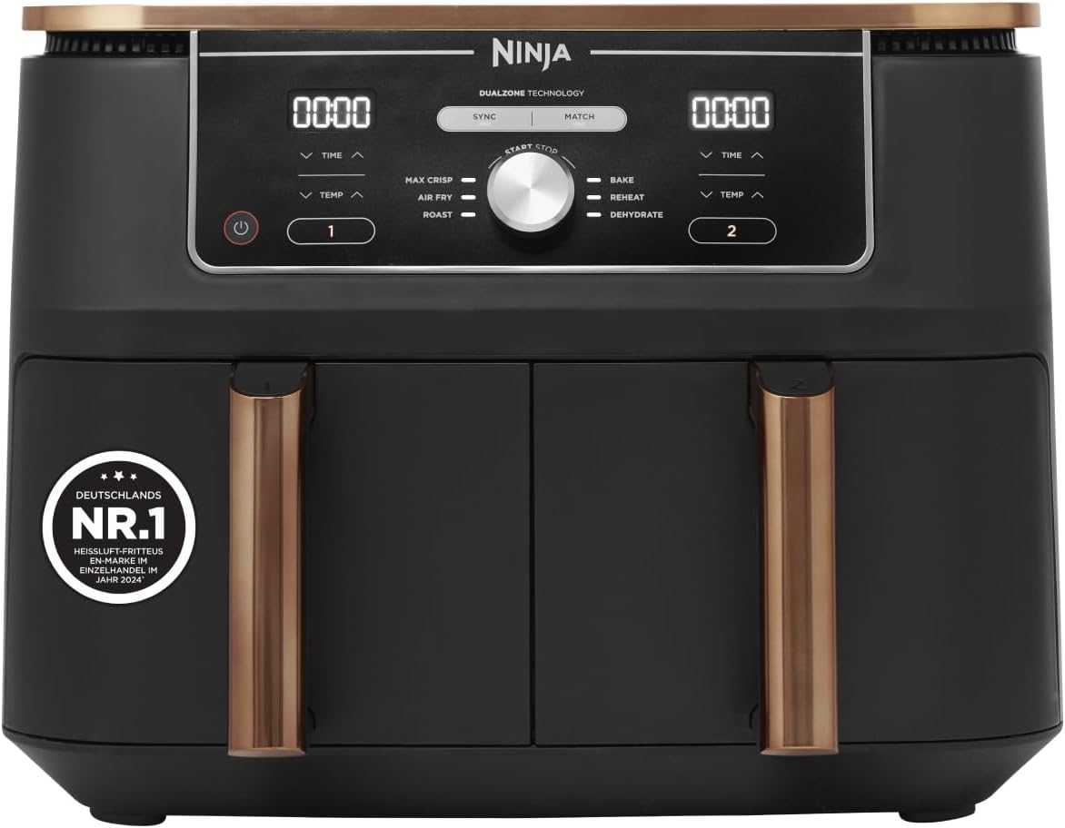Ninja AF400EUCP Foodi MAX Dual Zone Heißluftfritteuse 9,5L – 6 Funktionen, 2470W, Kupfer/Schwarz