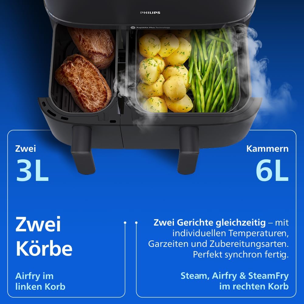 Philips NA550/00 5000 Series Steam & AirFry Heißluftfritteuse 9L – RapidAir Plus, 2x Korb, 2750W