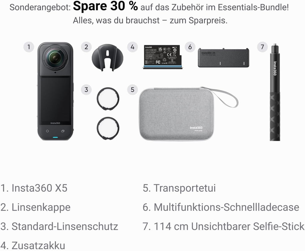 Insta360 X5 Essentials Bundle 360°-Kamera 8K – 2x 1/1.28" Sensor, FlowState, 15m wasserdicht, Schwarz