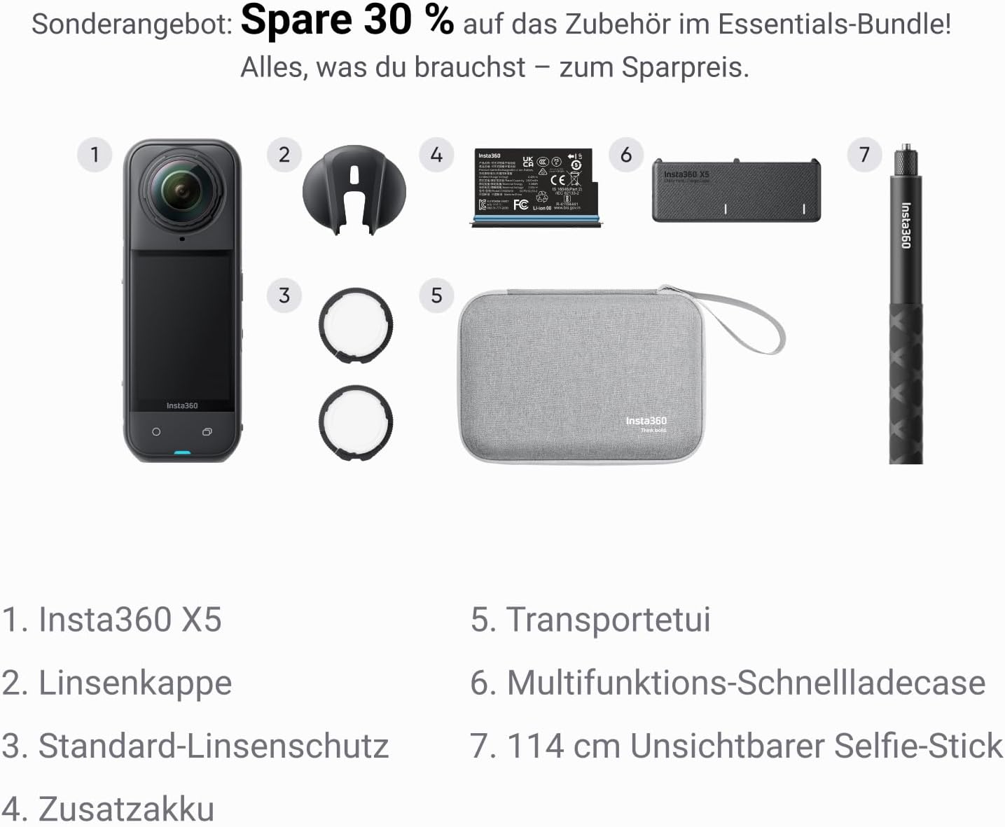 Insta360 X5 Essentials Bundle 360°-Kamera 8K – 2x 1/1.28" Sensor, FlowState, 15m wasserdicht, Schwarz