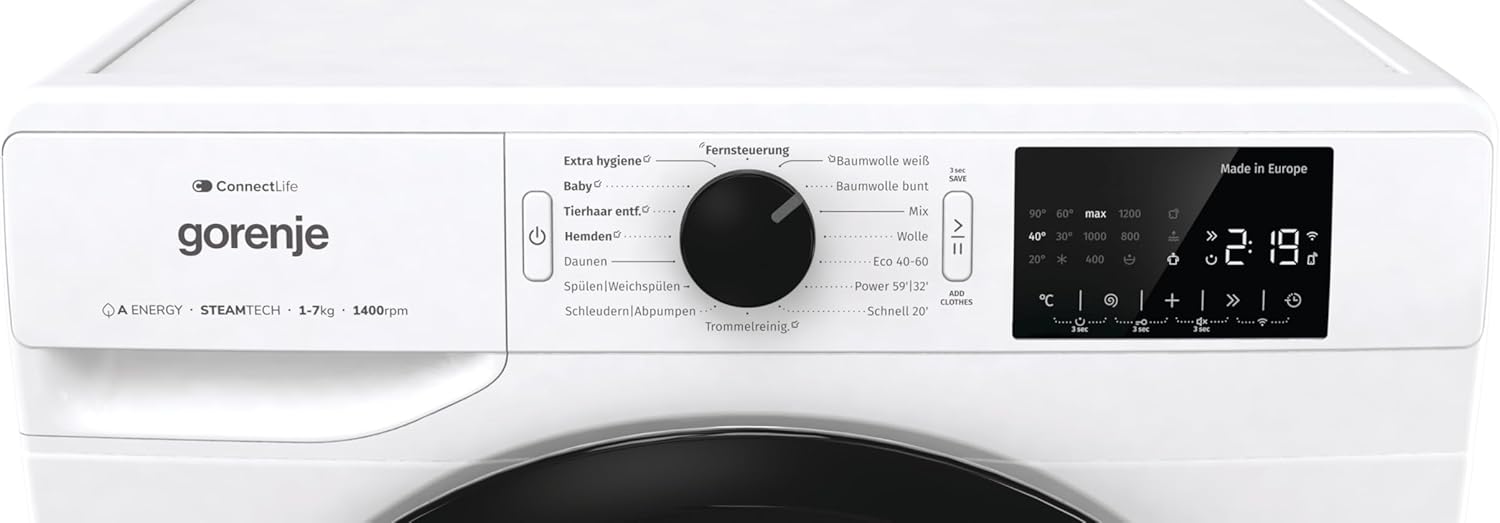 Gorenje WPNEI74A1TS Waschmaschine 7kg – Dampf, ConnectLife App, 1400 U/min, AquaStop, EEK A-10%, Weiß
