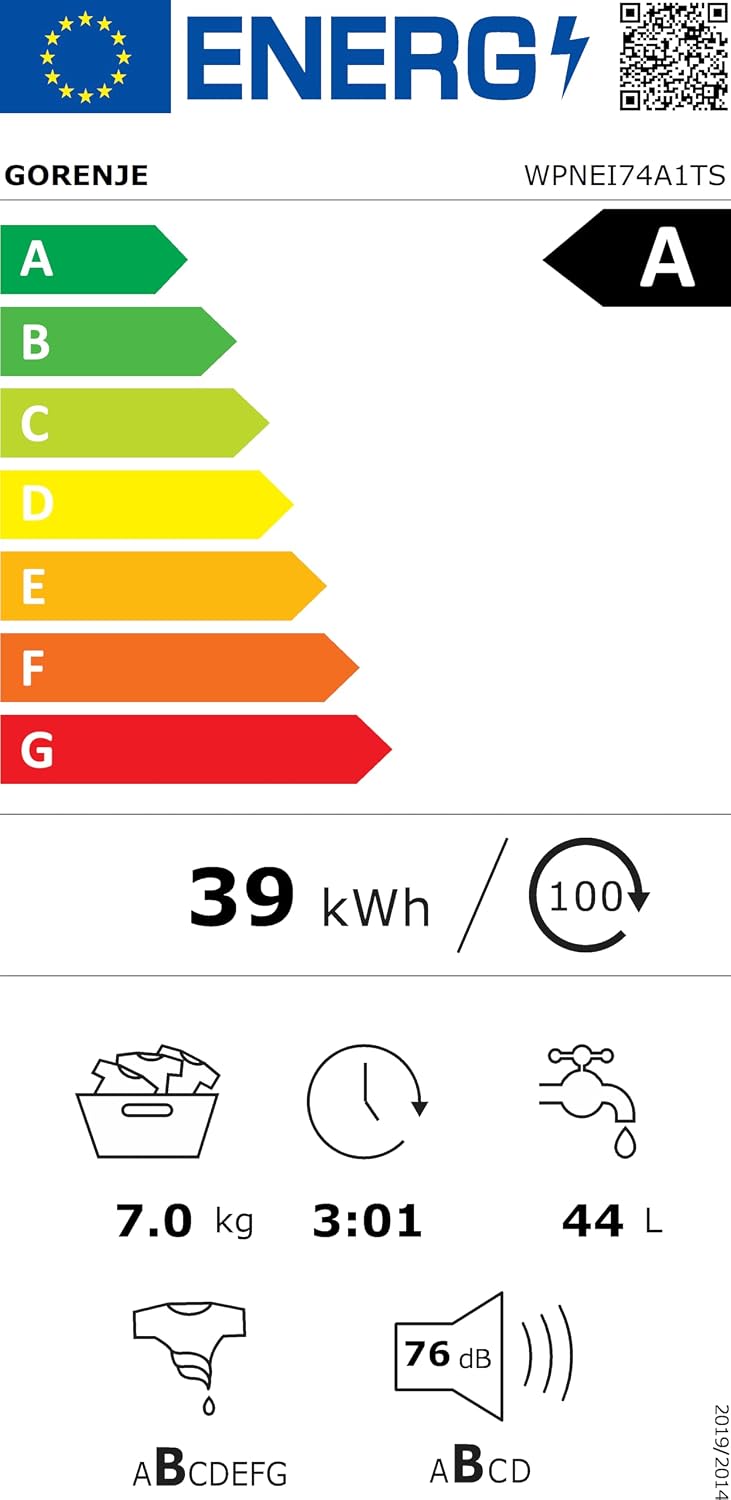 Gorenje WPNEI74A1TS Waschmaschine 7kg – Dampf, ConnectLife App, 1400 U/min, AquaStop, EEK A-10%, Weiß