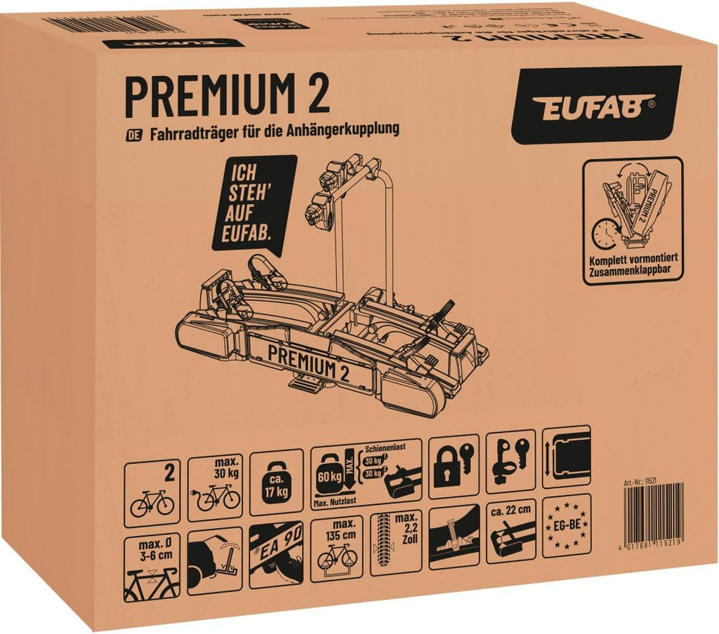 EUFAB PREMIUM 2 Fahrradträger Anhängerkupplung – 2 Räder, 60kg, E-Bike, klappbar, abschließbar, Schwarz