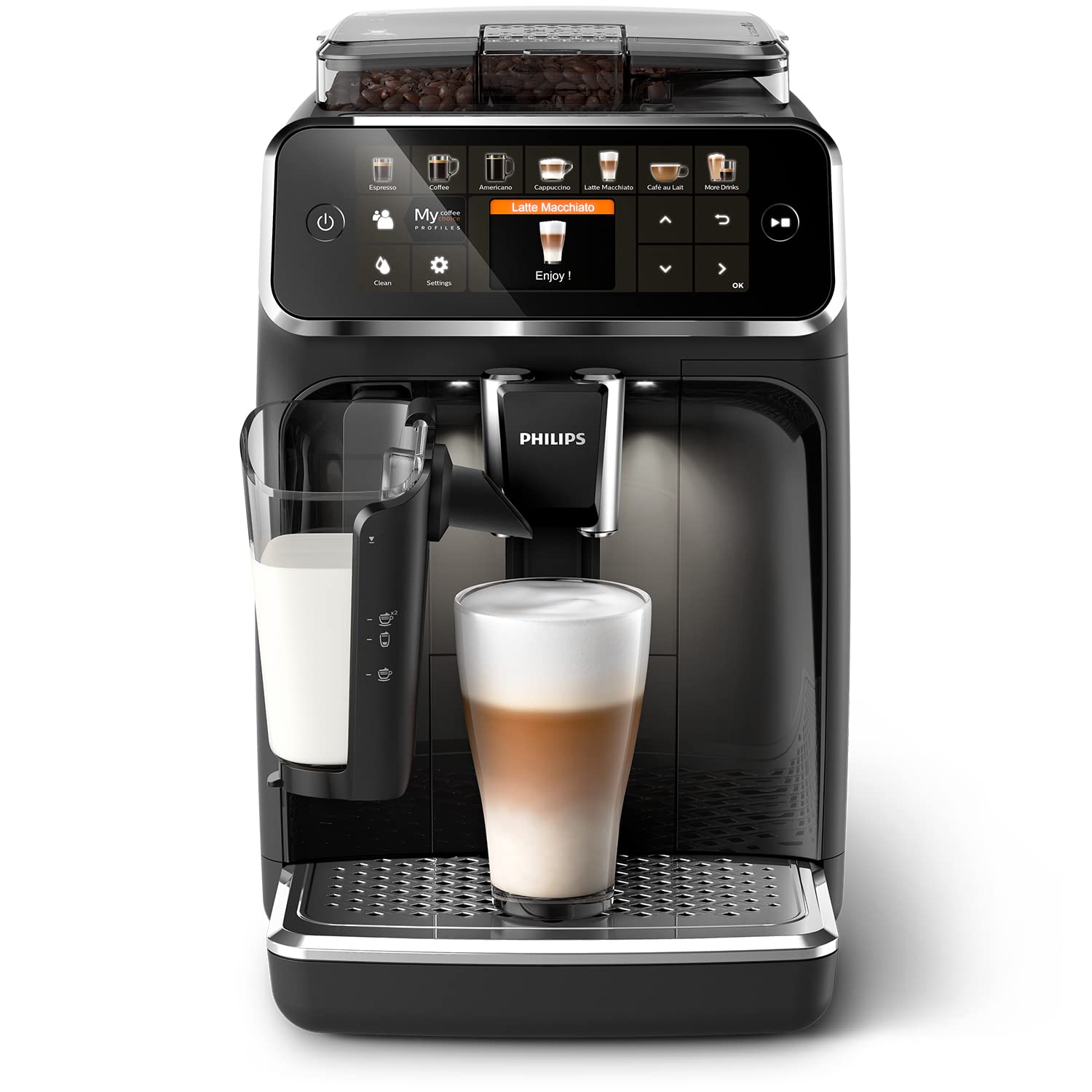 Philips Series 5400 LatteGo Kaffeevollautomat EP5447/90, 12 Kaffeespezialitäten, Milchsystem, TFT-Touchdisplay, ExtraShot, AquaClean, Schwarz/Chrom