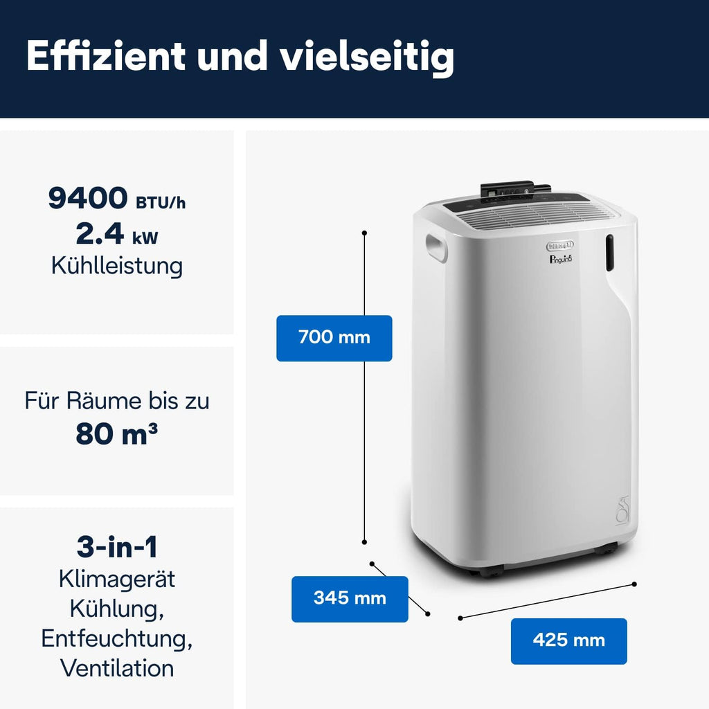 De'Longhi Penguin PAC EM82 Eco Mobiles Klimagerät 2,4kW – R290, EEK A, SEER 16, Staubfilter, Weiß