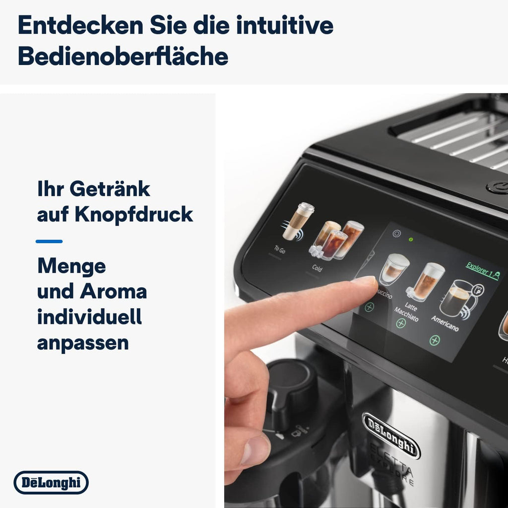 De'Longhi Eletta Explore ECAM452.57.G Kaffeevollautomat – 40+ Getränke, LatteCrema Hot & Cool, TFT, Grau