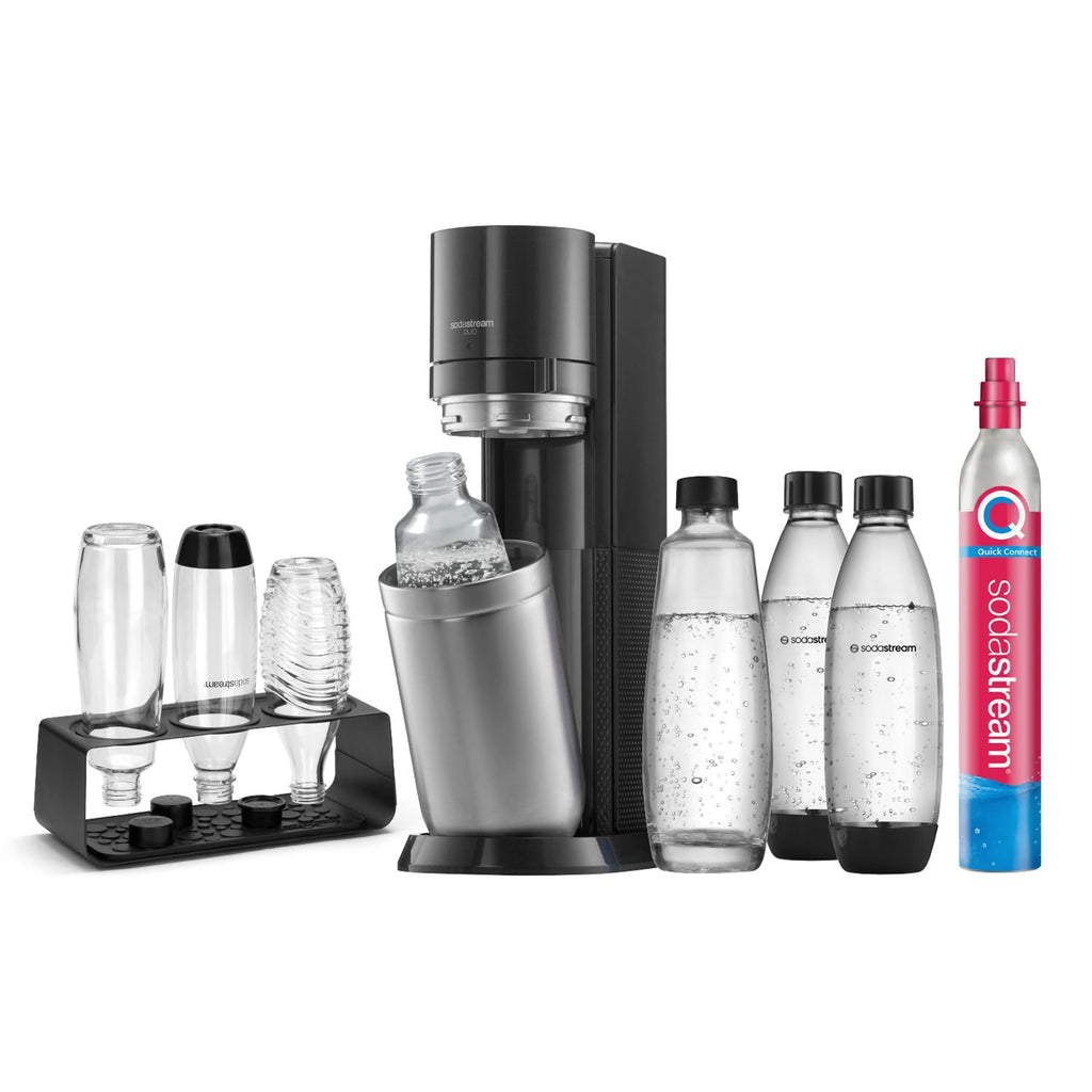 SodaStream DUO Wassersprudler – Quick Connect CO2, 2x Glasflasche & 2x Plastikflasche 1L, Titan/Schwarz