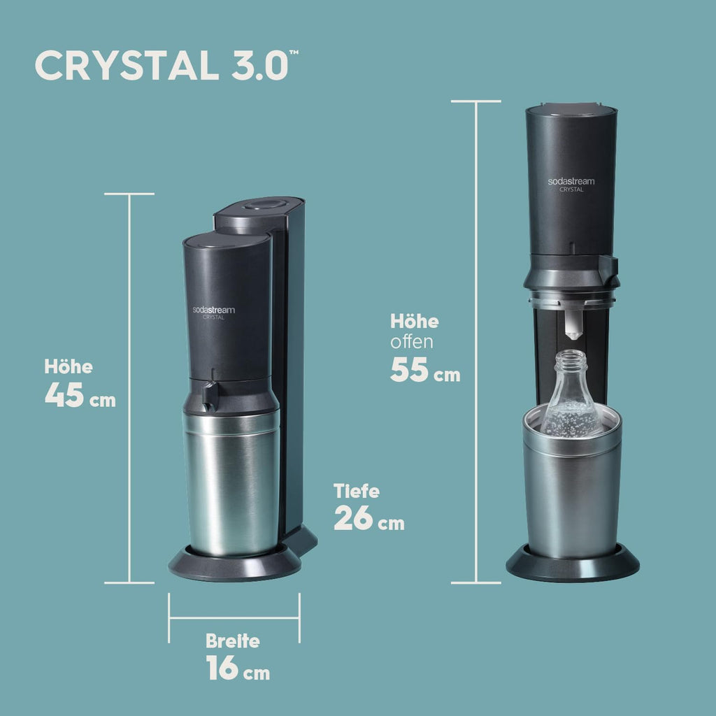 SodaStream Crystal 3.0 Wassersprudler – Quick Connect CO2, 2x Glaskaraffe 0,7L, Titan/Schwarz