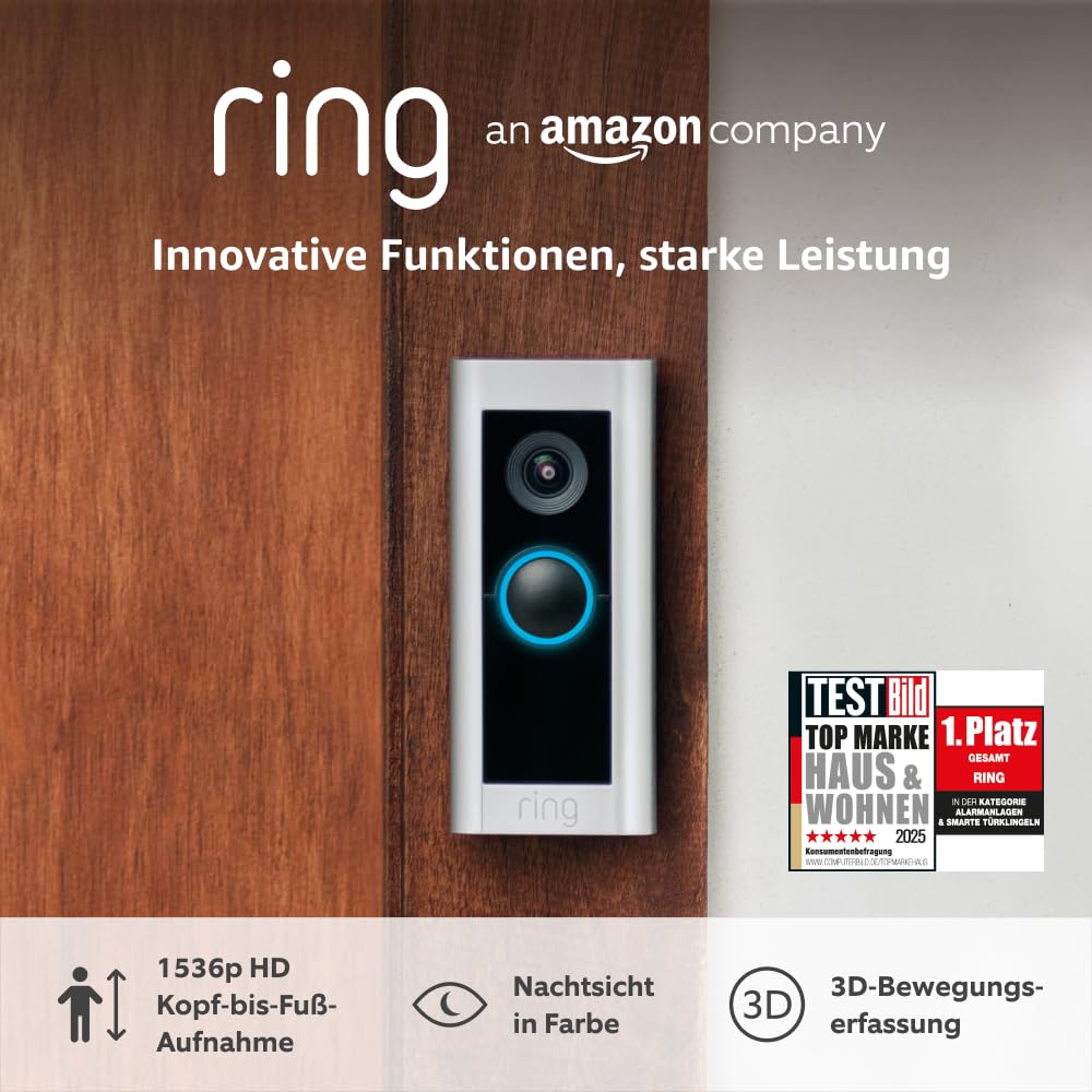 Ring Video Doorbell Pro 2 Videotürklingel, 1536p HD, 3D-Bewegungserkennung, Farb-Nachtsicht, WLAN