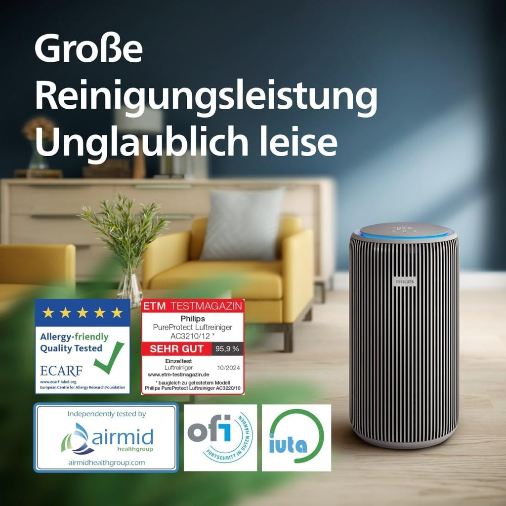 Philips AC3210/12 Luftreiniger 130m² – SilentWings 15dB, HEPA 99,97%, ECARF, CADR 500m³/h, Air+ App, Beige