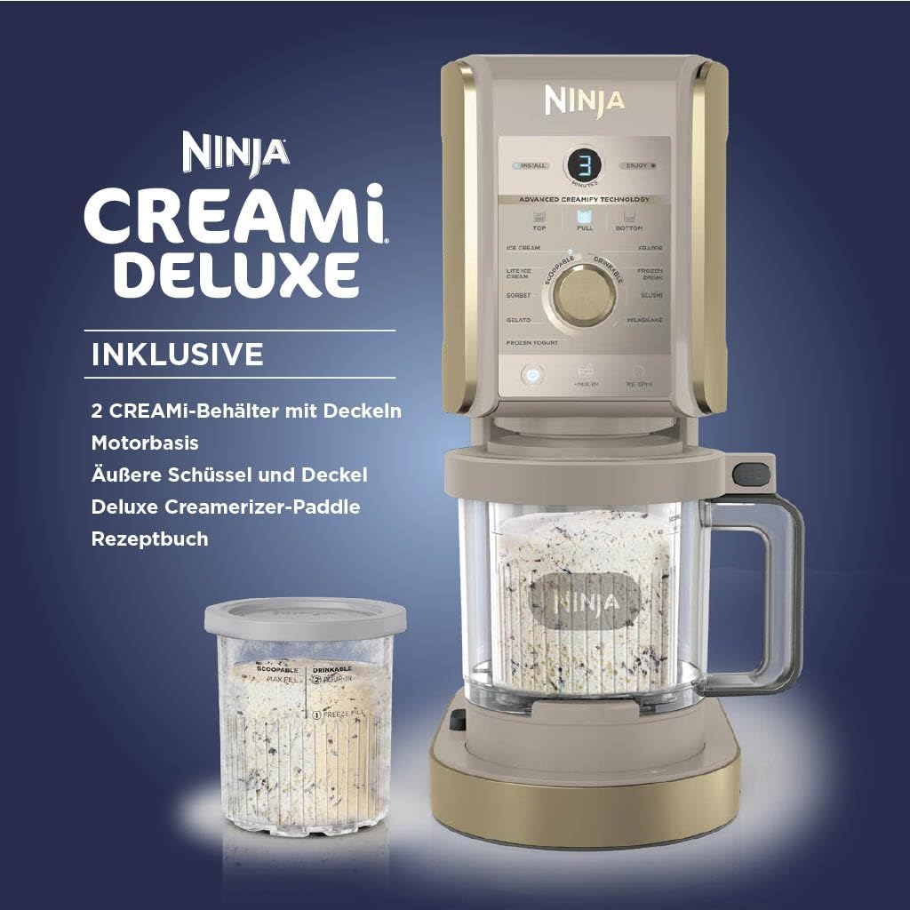 Ninja NC502EU CREAMi Deluxe Eismaschine 2x710ml – 10 Programme, Dual-Motor, Stone Gold
