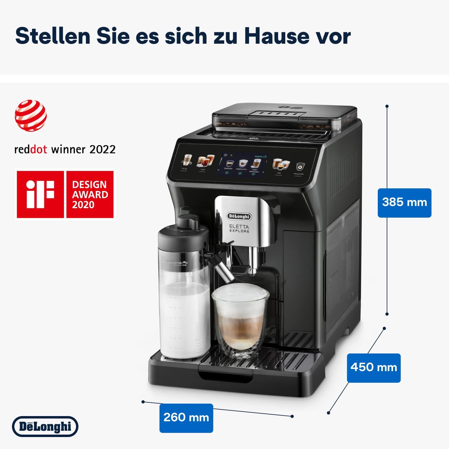 De'Longhi Eletta Explore ECAM452.57.G Kaffeevollautomat – 40+ Getränke, LatteCrema Hot & Cool, TFT, Grau