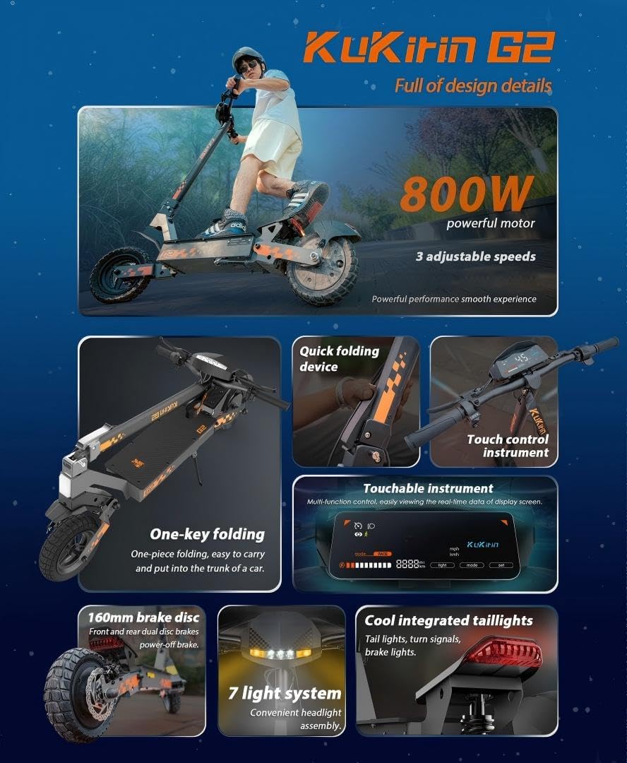 KuKirin G2 E-Scooter, bis zu 55 km Reichweite, 10 Zoll Luftreifen, Vorder- und Hinterradfederung, Doppelte Scheibenbremsen, faltbar, Schwarz/Orange**
