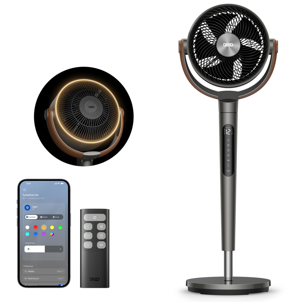 DREO PolyFan 513S DR-HAF003S Standventilator 95,5cm – 2209m³/h, 20dB, RGB, 150°+120°, WiFi, Alexa, Schwarz