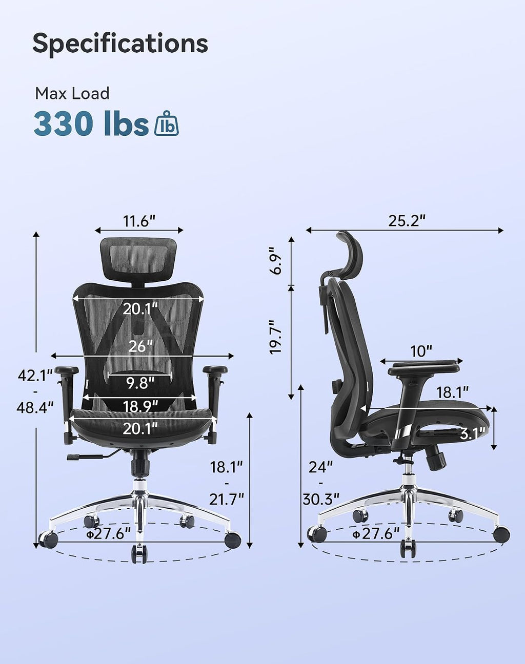SIHOO M57 Ergonomischer Bürostuhl, 3D-Armlehnen, Mesh, Kopfstütze, bis 150 kg, Schwarz
