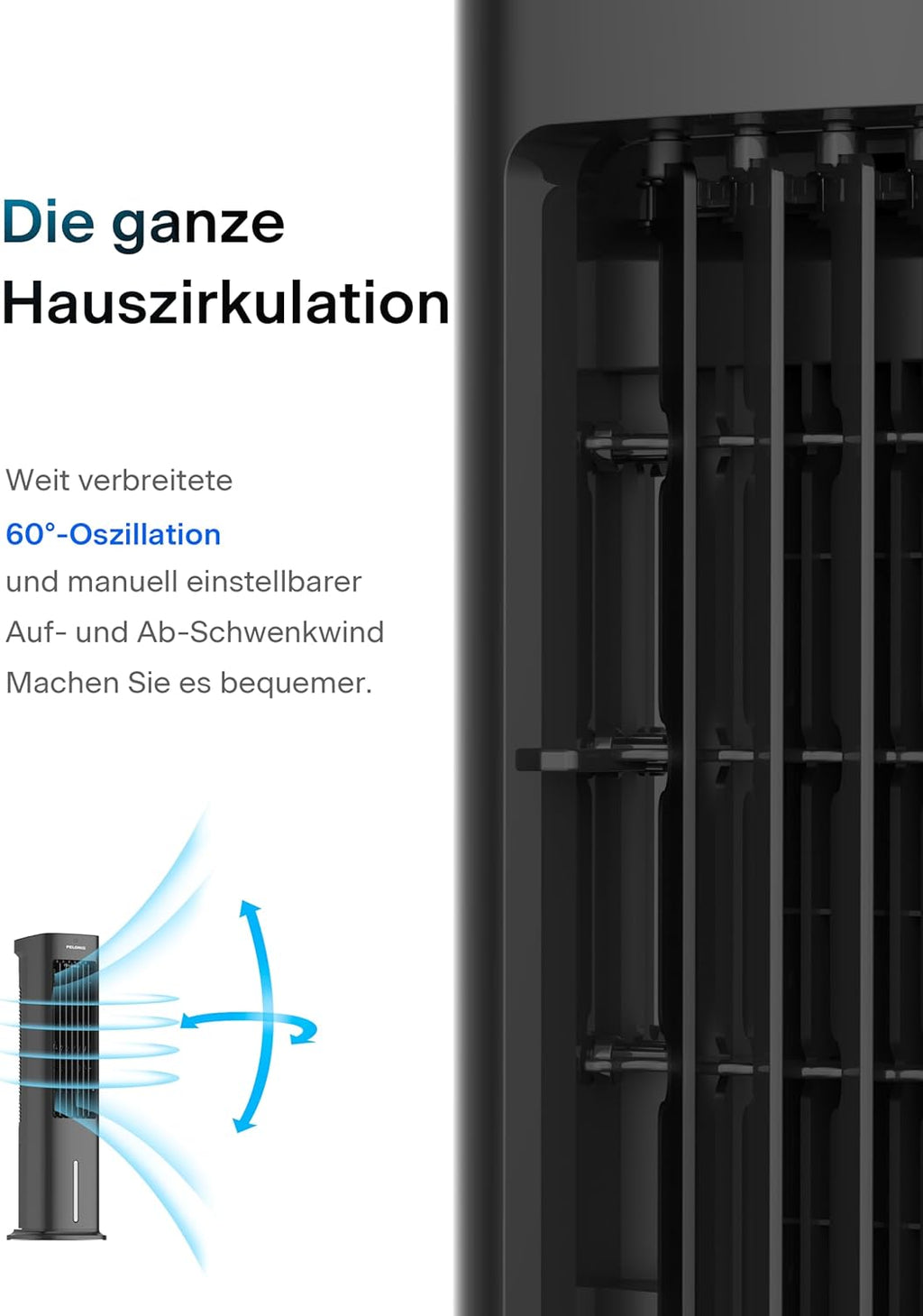 Pelonis PFC50A4AWGBDE 3-in-1 Luftkühler 5L – Verdunstung, Kühlpads, 55W, 330m³/h, 7h Timer, Schwarz