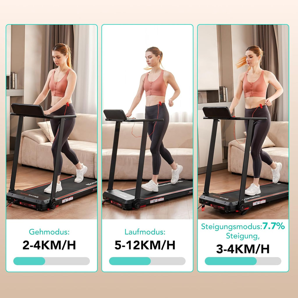 CITYSPORTS CS-WP9 Laufband klappbar 1400W – Bluetooth, 12 km/h, 110kg, LED, 360° Tablet-Halter, Schwarz