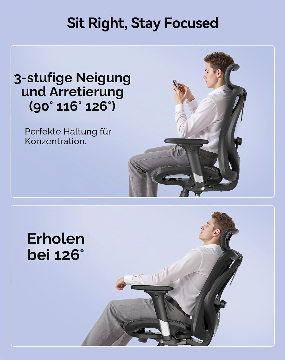 SIHOO M57 Ergonomischer Bürostuhl, 3D-Armlehnen, Mesh, Kopfstütze, bis 150 kg, Schwarz
