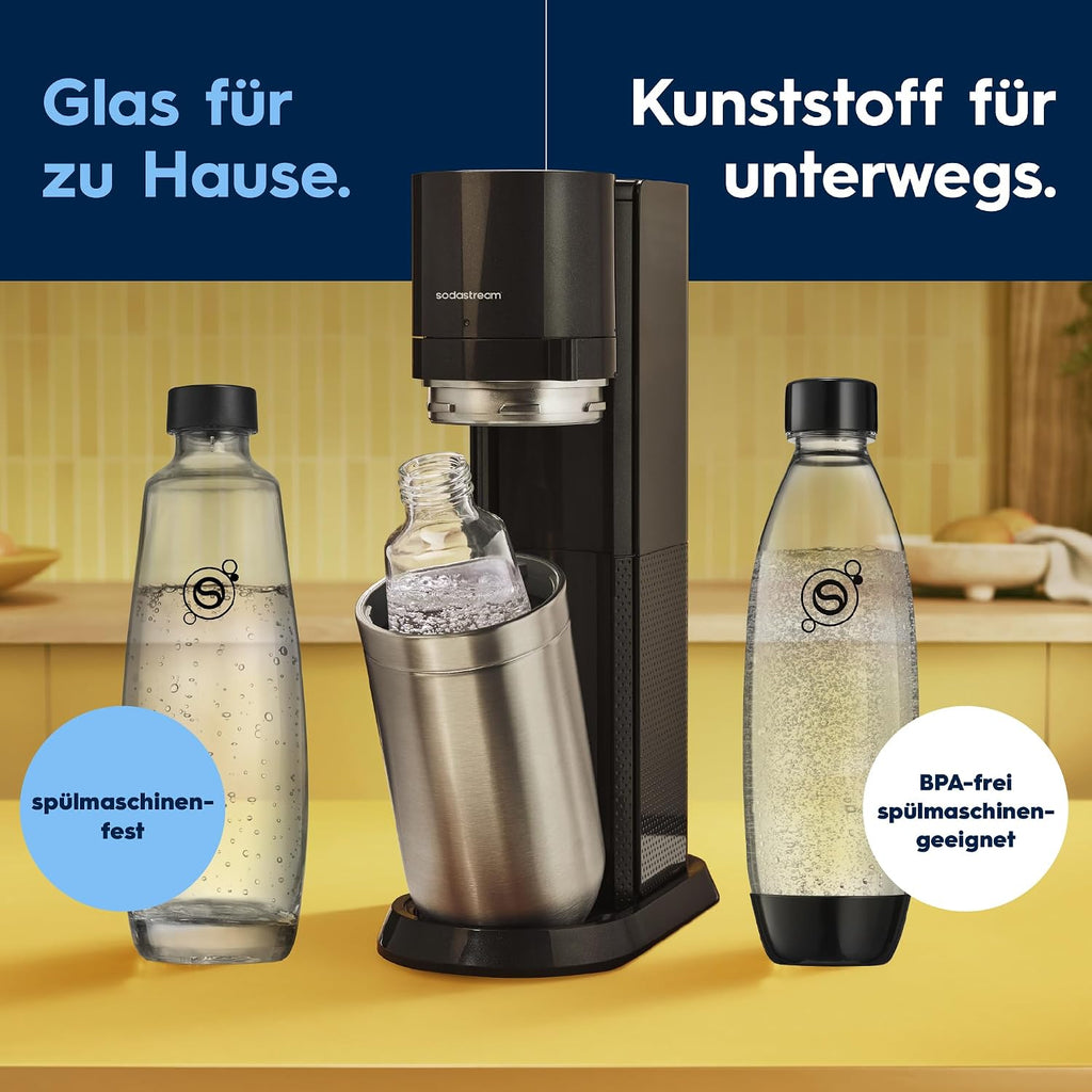 SodaStream DUO Wassersprudler – Quick Connect CO2, 2x Glasflasche & 2x Plastikflasche 1L, Titan/Schwarz