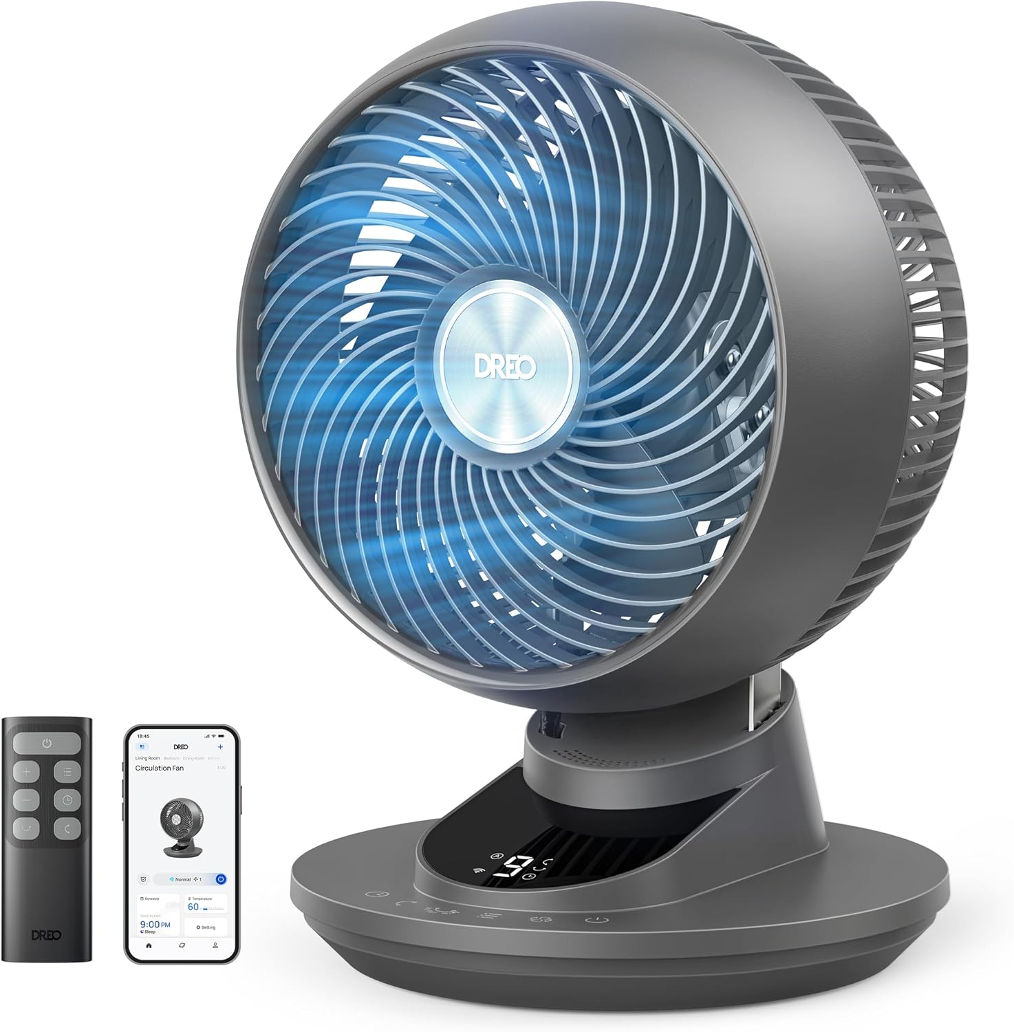 DREO TurboPoly DR-HAF008S Tischventilator – 1.530m³/h, 22dB, 100° Oszillation, 9 Stufen, WiFi, Alexa, Grau