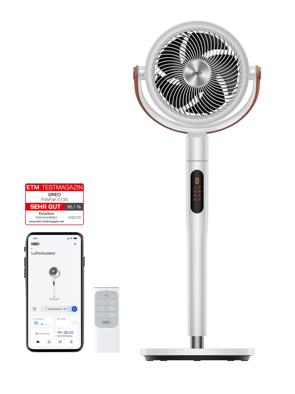 DREO PolyFan 513S DR-HAF003S Standventilator 95,5cm – 2209m³/h, 20dB, RGB, 150°+120°, WiFi, Alexa, Schwarz