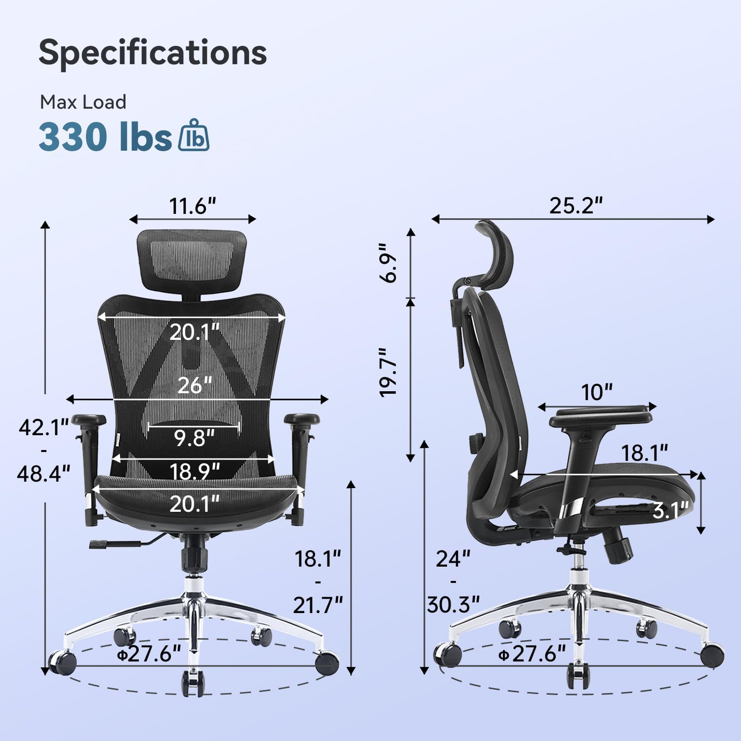 SIHOO M57 Ergonomischer Bürostuhl, 3D-Armlehnen, Mesh, Kopfstütze, bis 150 kg, Schwarz
