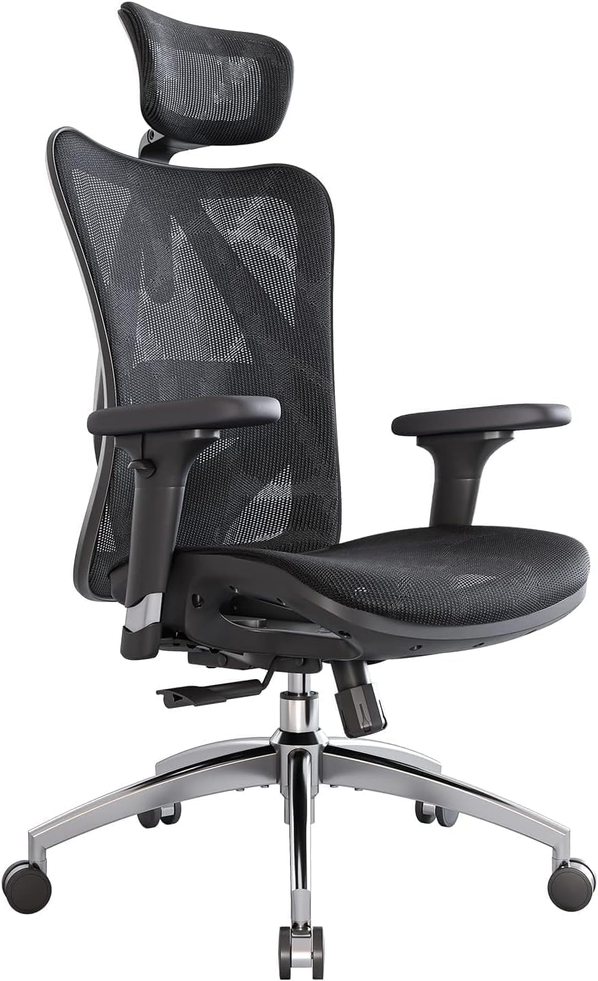 SIHOO M57 Ergonomischer Bürostuhl, 3D-Armlehnen, Mesh, Kopfstütze, bis 150 kg, Schwarz