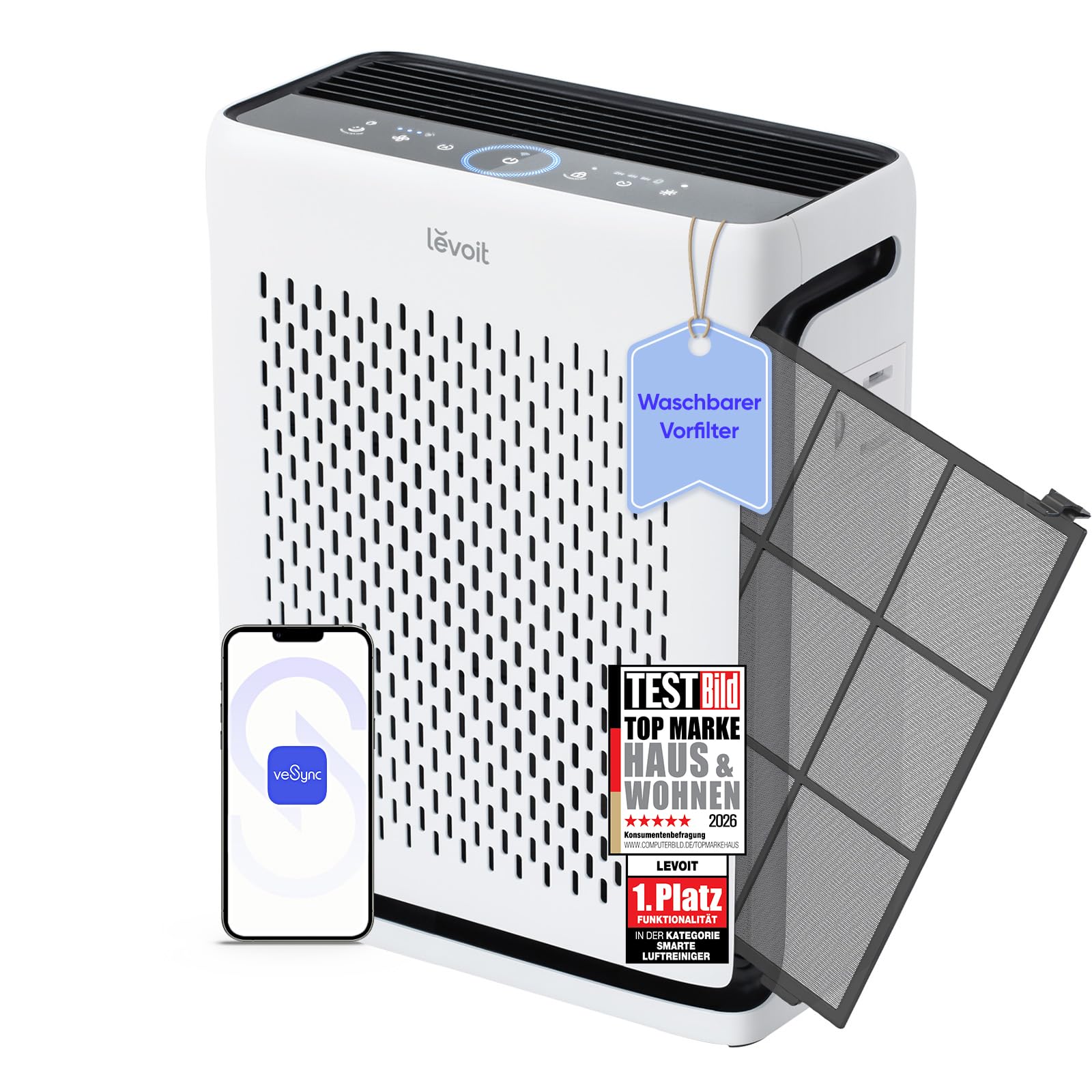 Levoit Vital 200S Smart Luftreiniger 416m³/h – HEPA 99,97%, 87m², Haustiermodus, 24dB, Alexa, Weiß/Schwarz