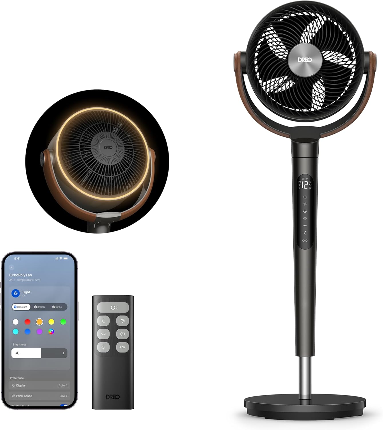 DREO PolyFan 513S DR-HAF003S Standventilator 95,5cm – 2209m³/h, 20dB, RGB, 150°+120°, WiFi, Alexa, Schwarz