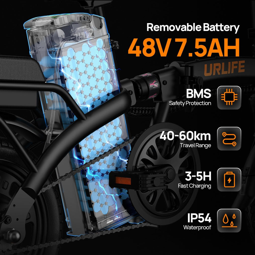 URLIFE F1L Klapp-E-Bike 250W – 48V/7,5Ah, 60km, Pedelec, IP54, Dual-Federung, 14", Schwarz
