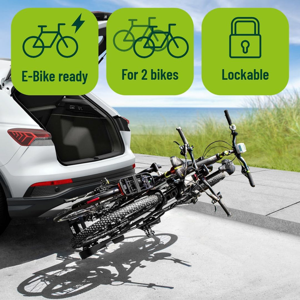 EUFAB PREMIUM 2 Fahrradträger Anhängerkupplung – 2 Räder, 60kg, E-Bike, klappbar, abschließbar, Schwarz
