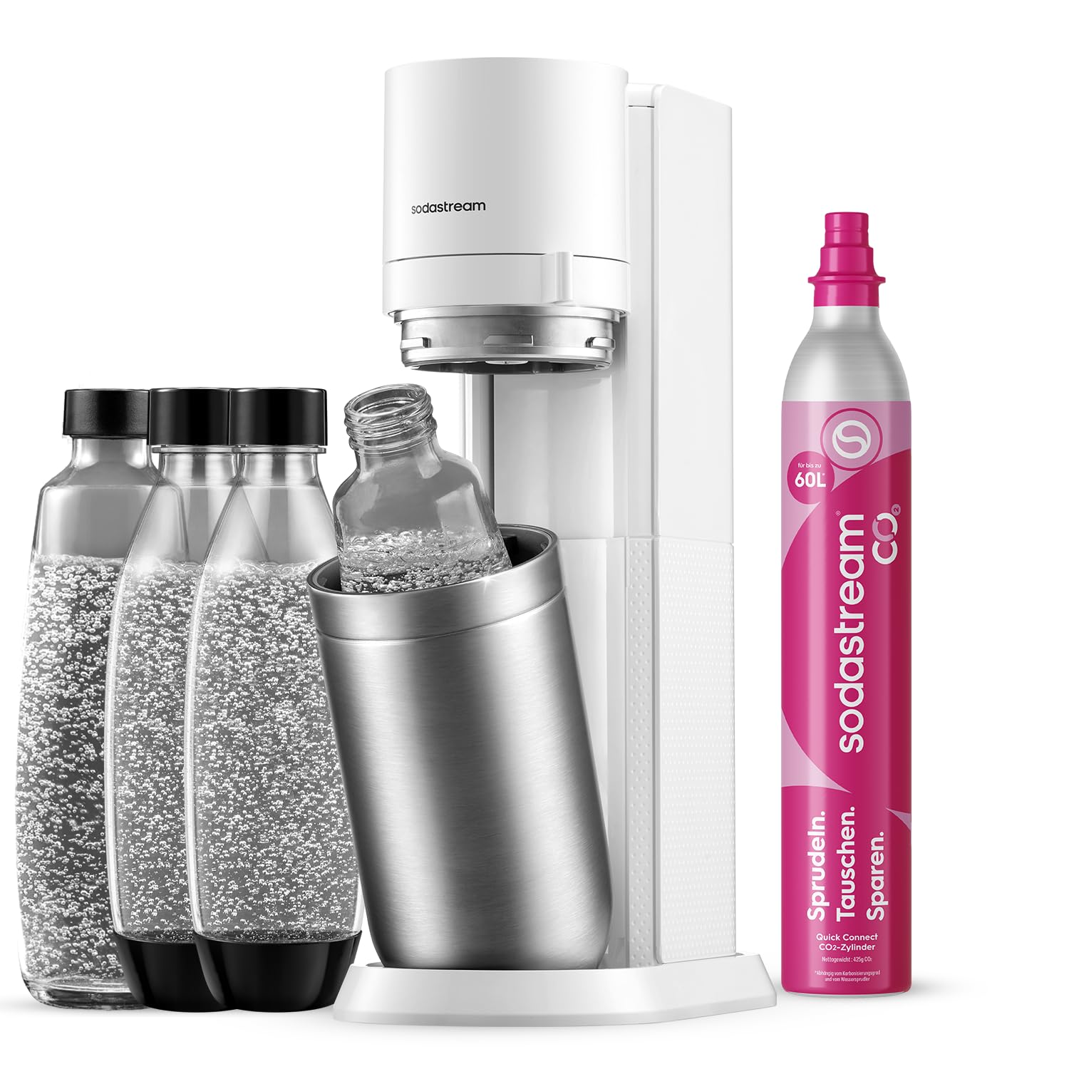 SodaStream DUO Wassersprudler – Quick Connect CO2, 2x Glasflasche & 2x Plastikflasche 1L, Titan/Schwarz
