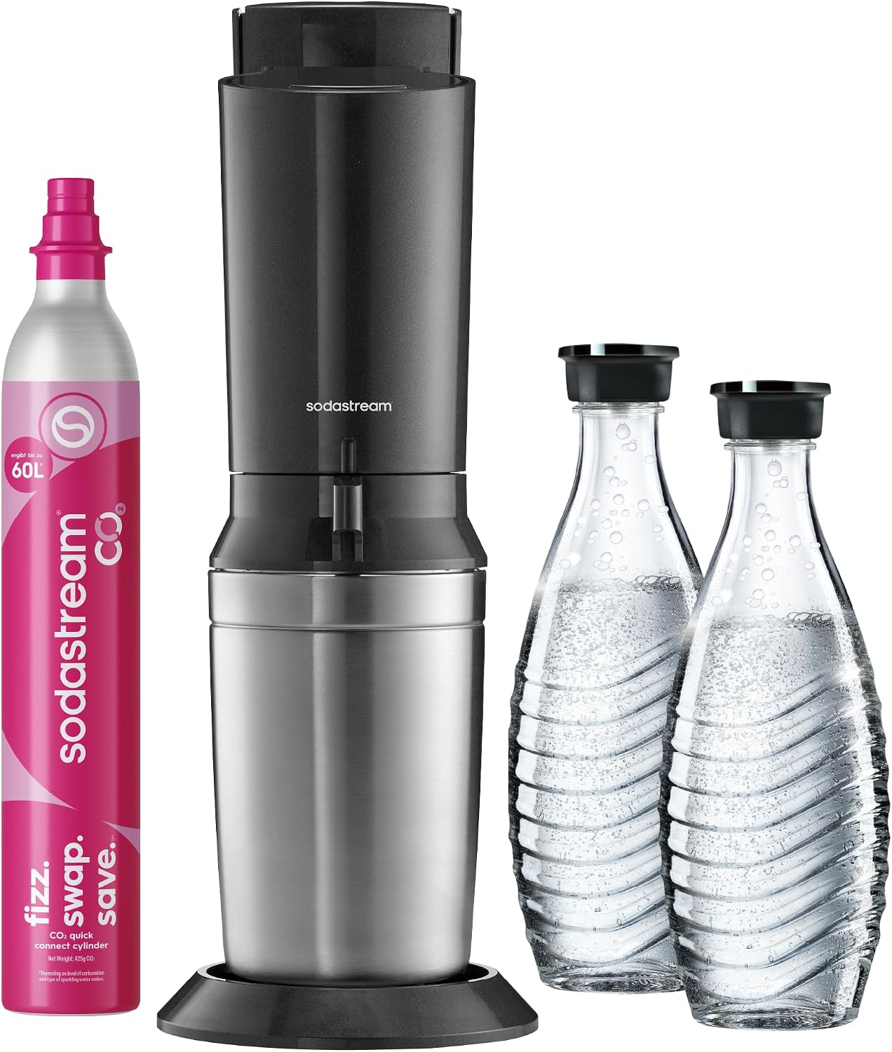 SodaStream Crystal 3.0 Wassersprudler – Quick Connect CO2, 2x Glaskaraffe 0,7L, Titan/Schwarz