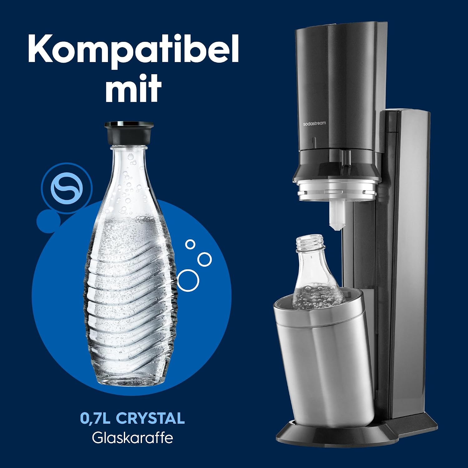 SodaStream Crystal 3.0 Wassersprudler – Quick Connect CO2, 2x Glaskaraffe 0,7L, Titan/Schwarz