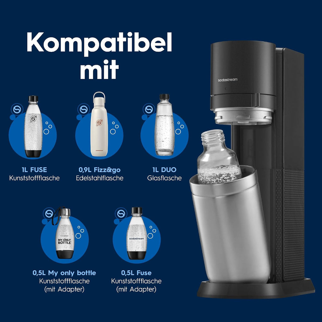 SodaStream DUO Wassersprudler – Quick Connect CO2, 2x Glasflasche & 2x Plastikflasche 1L, Titan/Schwarz