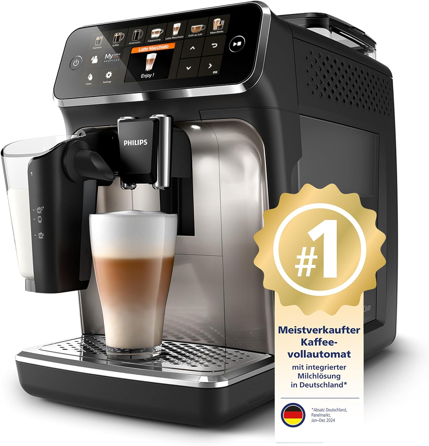 Philips Series 5400 LatteGo Kaffeevollautomat EP5447/90, 12 Kaffeespezialitäten, Milchsystem, TFT-Touchdisplay, ExtraShot, AquaClean, Schwarz/Chrom