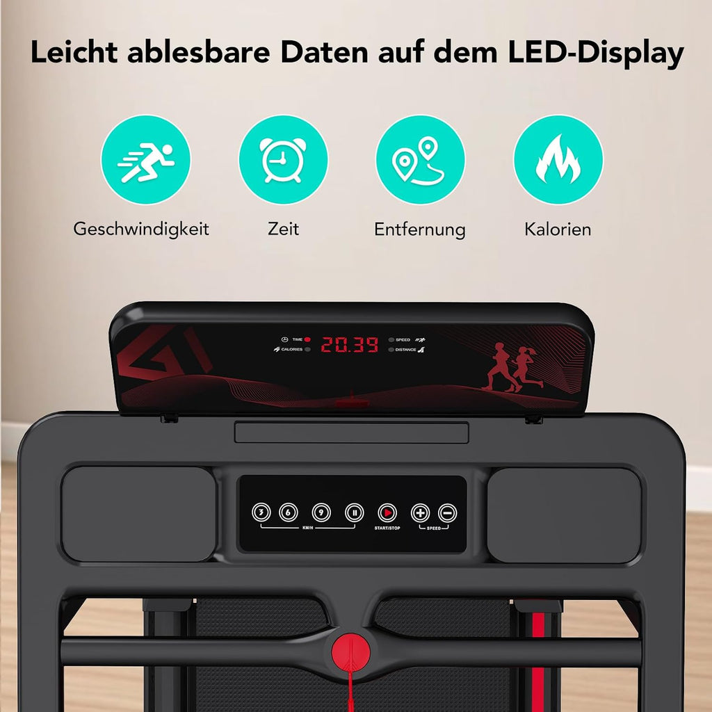 CITYSPORTS CS-WP9 Laufband klappbar 1400W – Bluetooth, 12 km/h, 110kg, LED, 360° Tablet-Halter, Schwarz