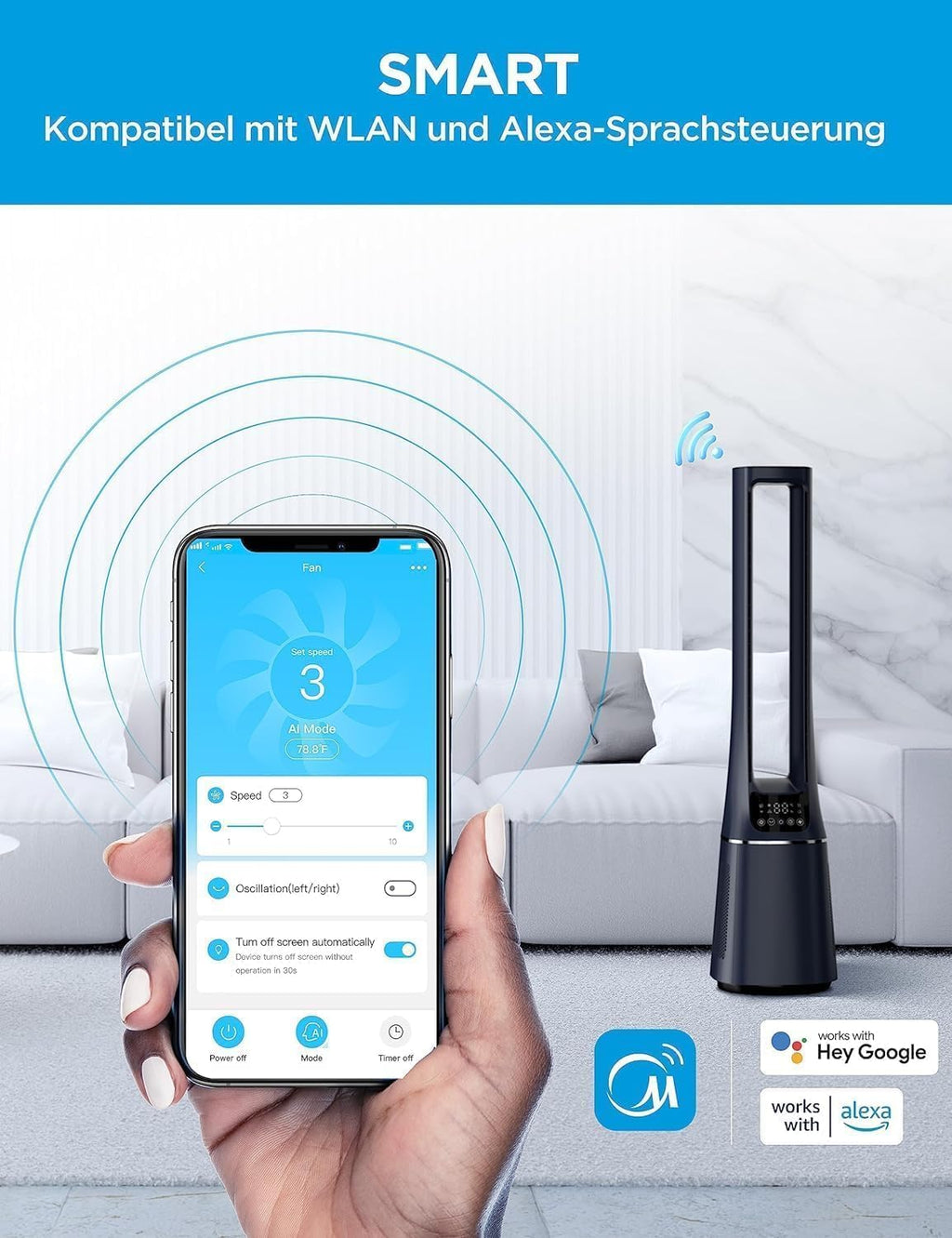 Midea MFP-120i Klingelloser Luftreiniger & Ventilator – H13 HEPA, SensiCool, WiFi, Alexa, 38dB, Blau