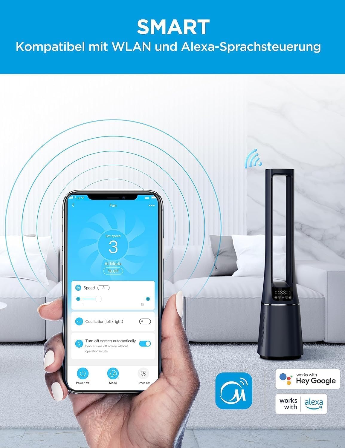 Midea MFP-120i Klingelloser Luftreiniger & Ventilator – H13 HEPA, SensiCool, WiFi, Alexa, 38dB, Blau