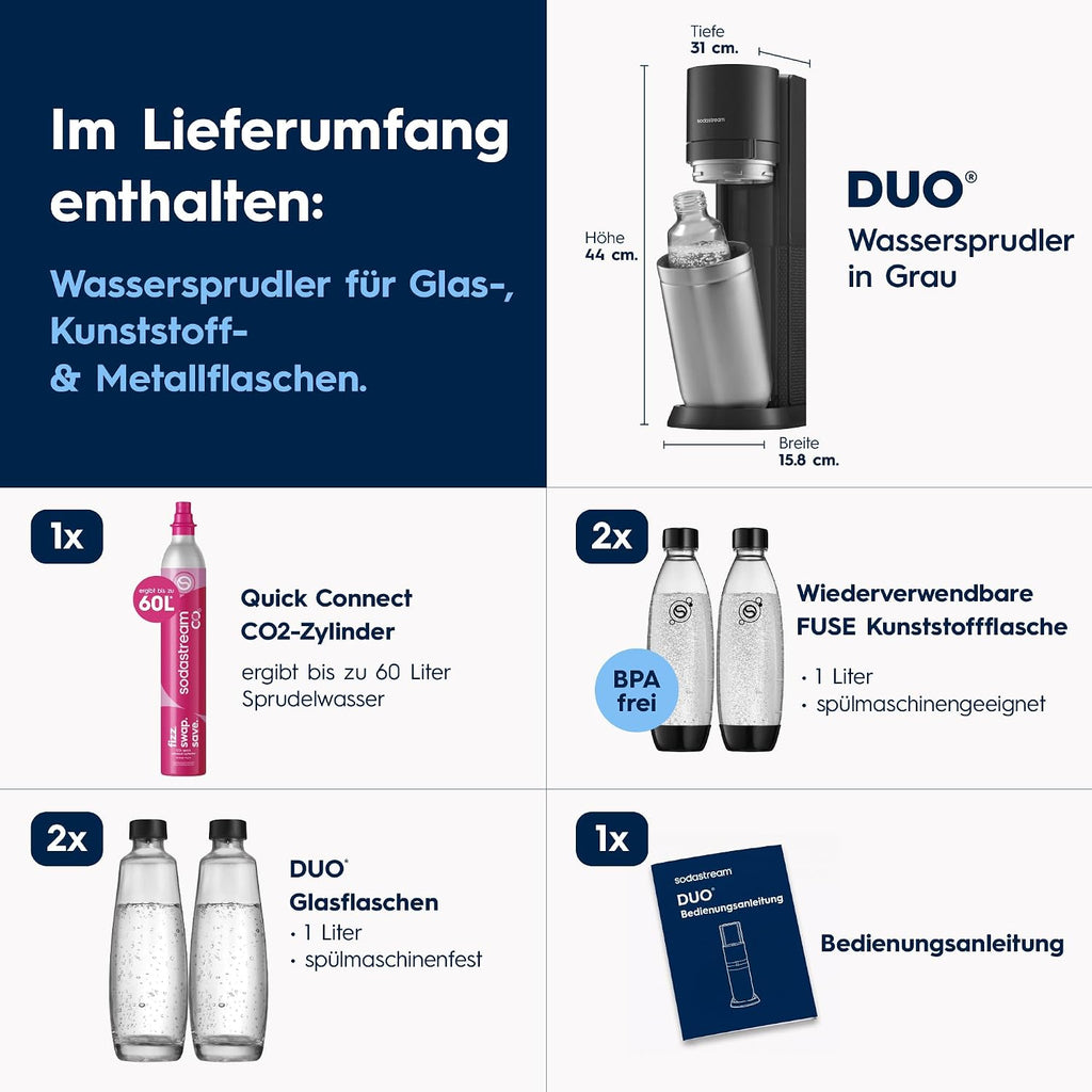 SodaStream DUO Wassersprudler – Quick Connect CO2, 2x Glasflasche & 2x Plastikflasche 1L, Titan/Schwarz