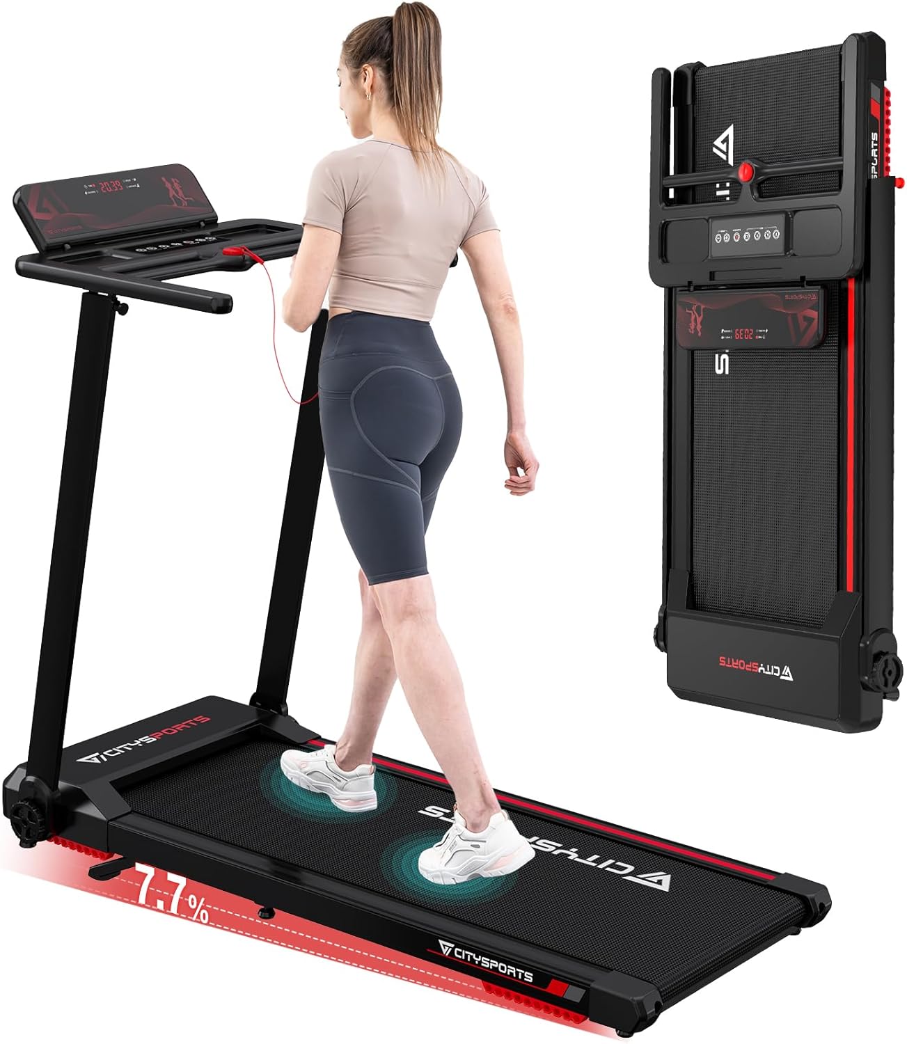 CITYSPORTS CS-WP9 Laufband klappbar 1400W – Bluetooth, 12 km/h, 110kg, LED, 360° Tablet-Halter, Schwarz