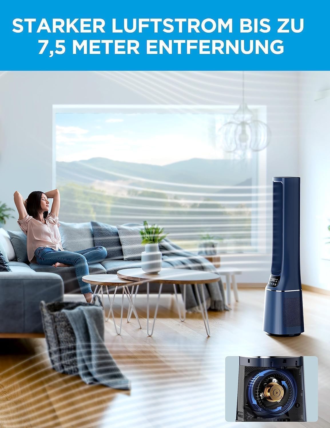 Midea MFP-120i Klingelloser Luftreiniger & Ventilator – H13 HEPA, SensiCool, WiFi, Alexa, 38dB, Blau