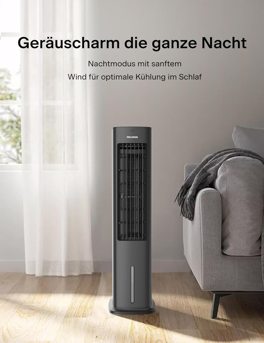 Pelonis PFC50A4AWGBDE 3-in-1 Luftkühler 5L – Verdunstung, Kühlpads, 55W, 330m³/h, 7h Timer, Schwarz