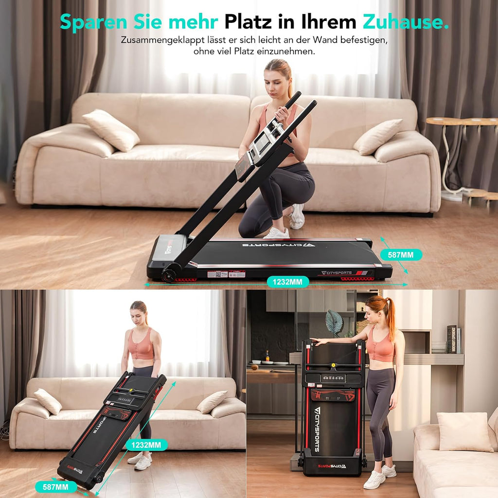 CITYSPORTS CS-WP9 Laufband klappbar 1400W – Bluetooth, 12 km/h, 110kg, LED, 360° Tablet-Halter, Schwarz