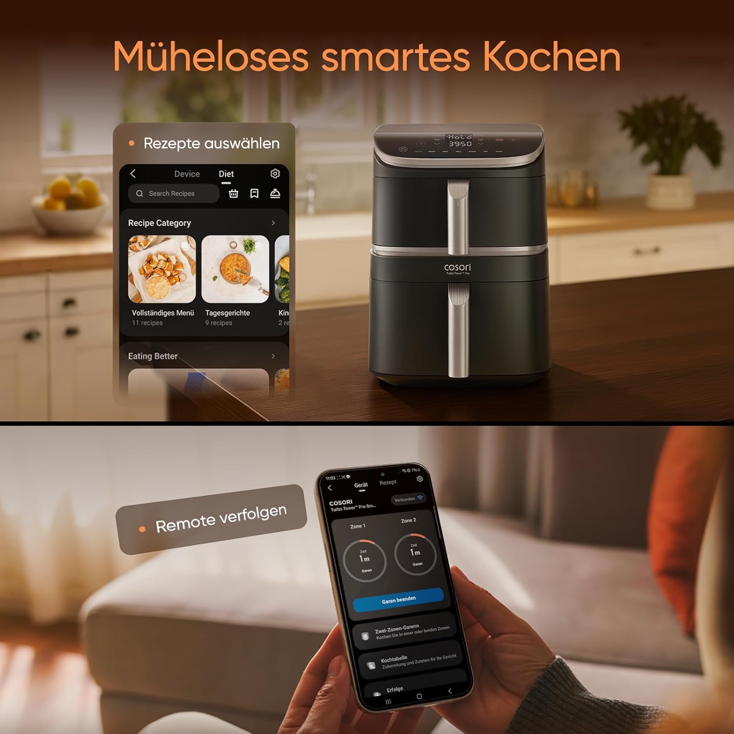Cosori Turbo Tower Pro CAF-DC113S 10,8L – Keramik, DualBlaze, 5 Lüfterstufen, WiFi, 2630W, Silbergrau